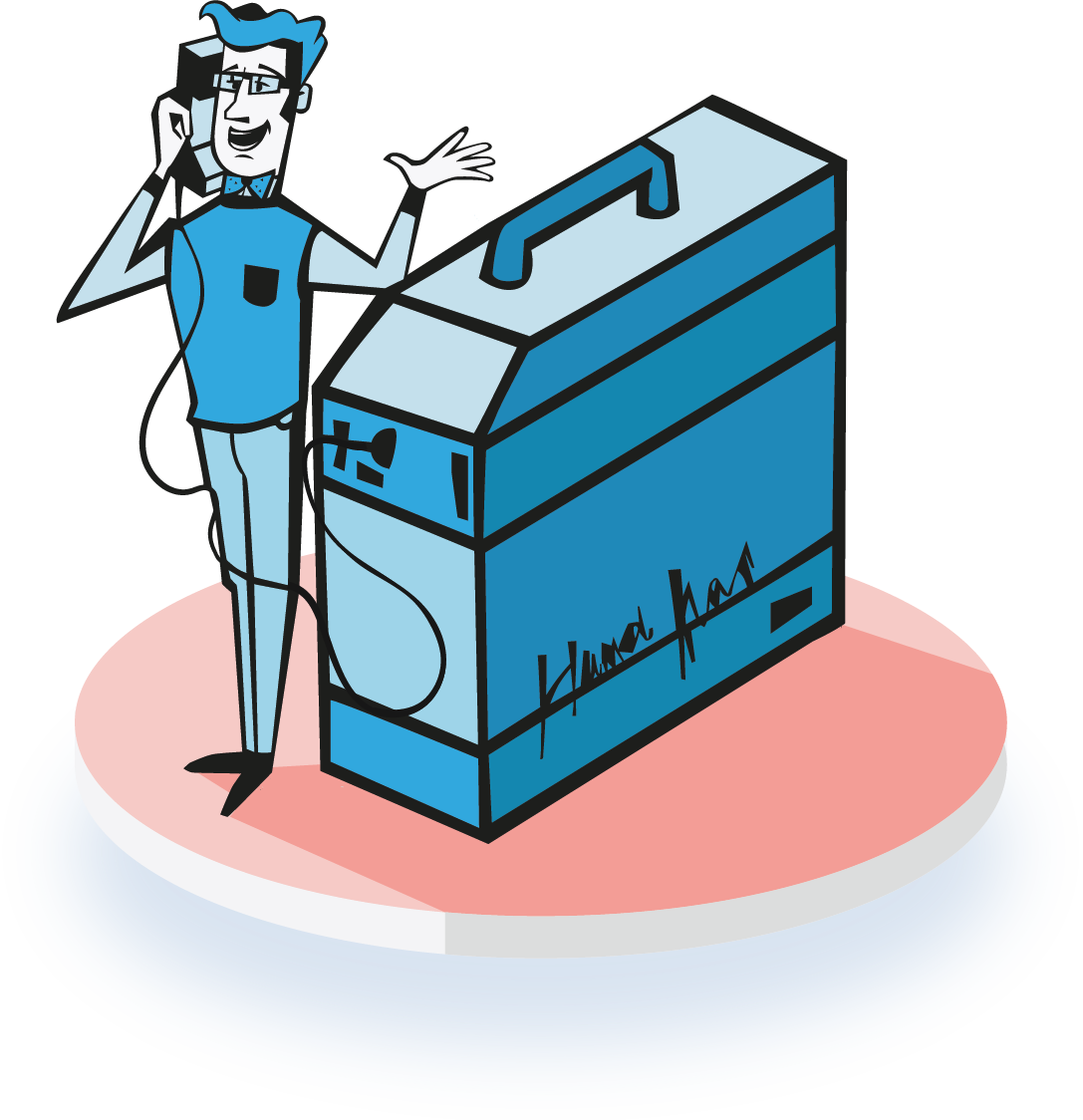 Man in sweater with glasses making a phone call on a large machine.