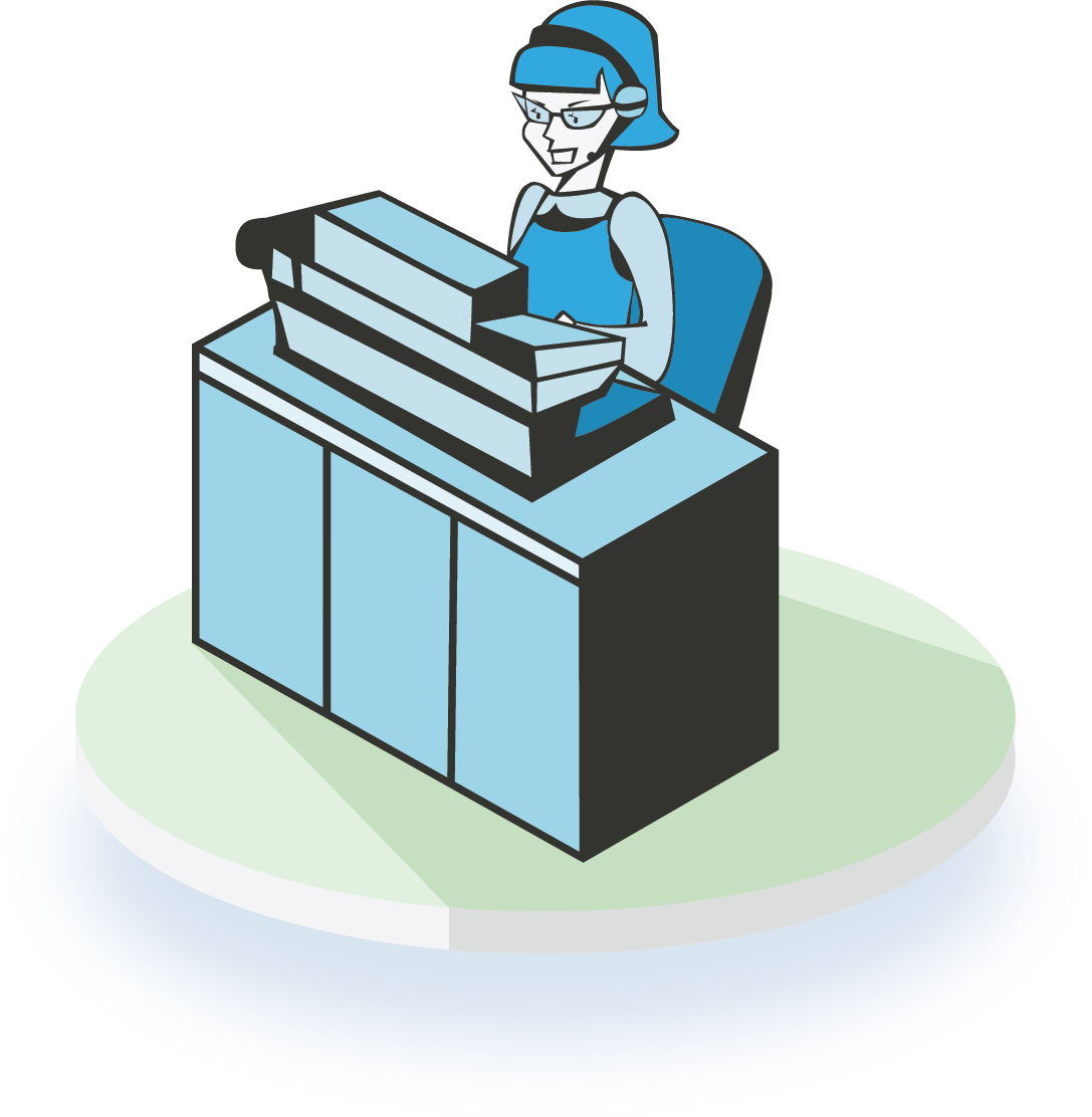 Receptionist at desk typing and wearing a head set.